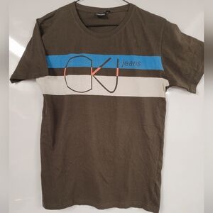 Calvin Klein Brown T-Shirt with Blue and White Stripes